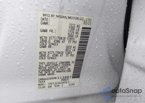 2023 Nissan Titan Pro-4X 4X4 z USA, uszkodzony, nr VIN 1N6AA1ED4PN113883